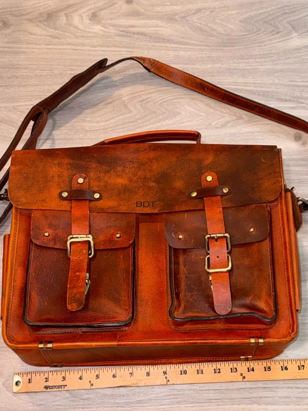 Kalating London Plane Leather Briefcase Burnt Orange Satchel Bag with pockets